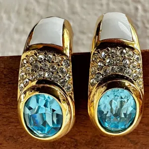 Vintage Christian Dior Blue Glass & White Enamel Clip-On Earrings thumbnail 1