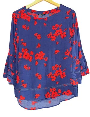 John Mark Floral Bell Sleeve‎ Top Women's Medium Navy Blue Red July Lattice Lace thumbnail 1