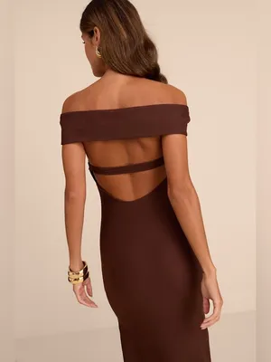 Lulus Chastain Brown Ponte Knit Off-the-Shoulder Maxi Dress Size Medium Formal thumbnail 3