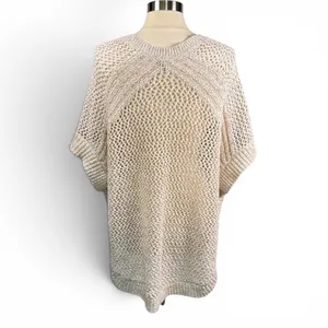 TALBOTS NWOT Open Stitch Poncho‎ in Rattan, Large, Bohemian Neutral Knit thumbnail 8