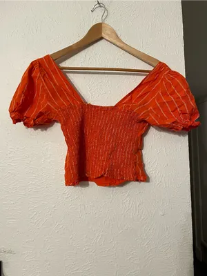 Free People Orange Striped Puff-Sleeve Square-Neck Crop Top thumbnail 3