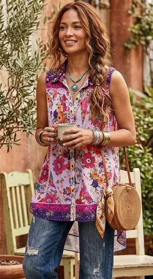 Aratta Silent Journey Mixed Floral Boho Tunic Top Ruffle Placket M Dopamine thumbnail 1