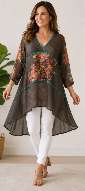 Johnny Was‎ Silk Floral High Low Tunic Top Grey Teal V-Neck 3/4 Sleeve Size M thumbnail 1