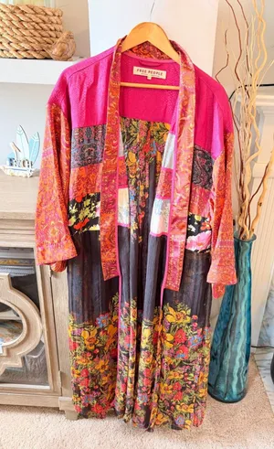 Free People The Young Love Kimono Duster Womens Pink Multi XS/S thumbnail 1
