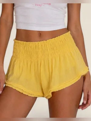 Anthropologie Smocked Gauze Dainty Yellow 100% cotton Micro Lounge Shorts medium thumbnail 1