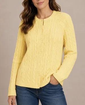 LL Bean Butter Yellow Cable Knit Cotton Button Up Cardigan Sweater Size SMALL thumbnail 1