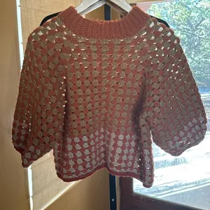 Handmade Rust Orange Tan Open Knit Crochet Sweater Large Boho Oversized Pullover thumbnail 2