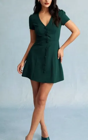 RIOHAS The Dark Green V Neck Button-up Shirt Mini Dress thumbnail 1