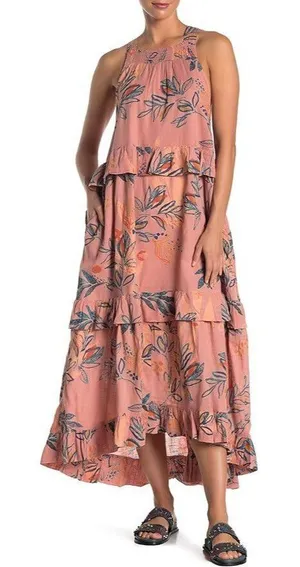 Free People Sz S Anita Printed Maxi Dress Tiered Ruffle Desert Rose thumbnail 1