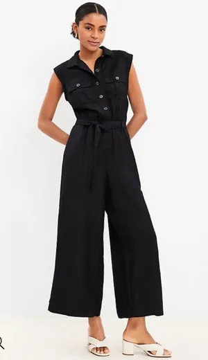 LOFT Black Linen Cap Sleeve Wide Leg Belted Jumpsuit Size XL thumbnail 1