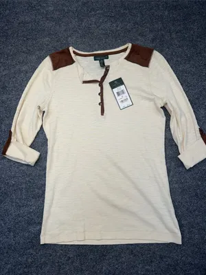 Ralph Lauren Cream Henley Top with Brown Shoulder Accents thumbnail 2