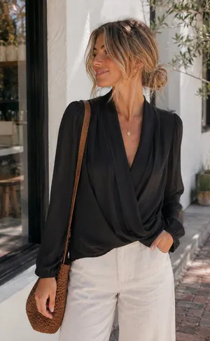 Miss Sparkling Black Satin Surplice Wrap Blouse Draped Long Sleeve Elegant Top thumbnail 1