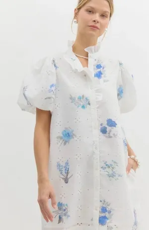 entro White Floral Eyelet Puff-Sleeve Shirt Dress Size S thumbnail 1