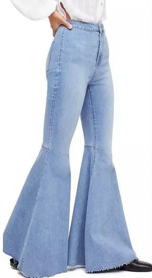 We The Free Flared Women's Jeans Light Blue Denim Raw Hem Stretch High Rise thumbnail 1