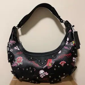 Ed Hardy Dalinda Black Studded Graphic Tattoo Hobo Shoulder Bag NWT Designer thumbnail 1