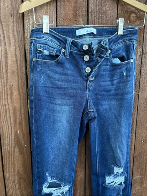 Kancan Dark Wash Distressed Button Fly Flare Jeans thumbnail 3