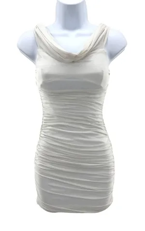 Lucy in the Sky White Ruched Cowl Neck Shimmer Bodycon Mini Dress‎ Womens Small thumbnail 1