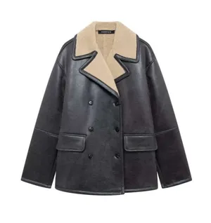 Zara Black Faux Leather Pea Coat with Cream Shearling Collar thumbnail 1