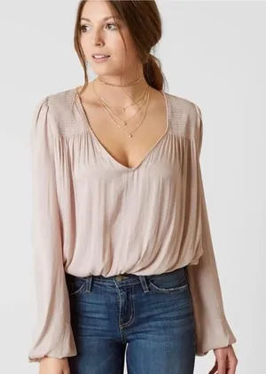 Free People Intimately Smocked V-Neck Long Sleeve Bodice Bodysuit Pink Small thumbnail 1