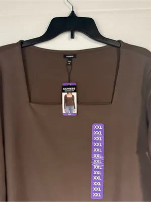 Express Shirt Women Size XXL Brown Square Neck Long Sleeve Top Stretch Fitted thumbnail 4