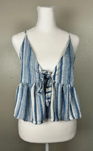 Free People Striped Blue Tie-Front Peplum Cami Top Size Small thumbnail 1