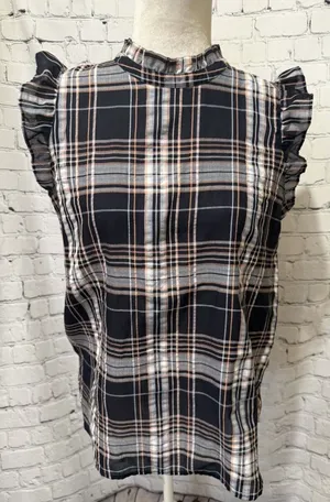 Loft Women's Black Orange & White Plaid Flutter Sleeve Ruffle Top Size Small thumbnail 1