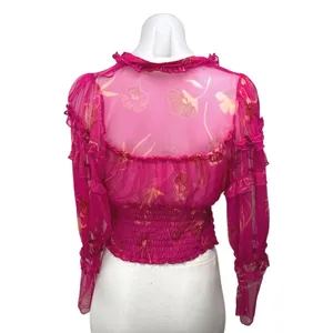 Free People Time To Shine Pink Floral Mesh Long Balloon Sleeve Crop Blouse XS thumbnail 3