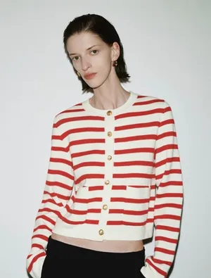 Urban Revivo Striped Cardigan Red White Gold Button Crew Neck‎ Knit Sweater thumbnail 1
