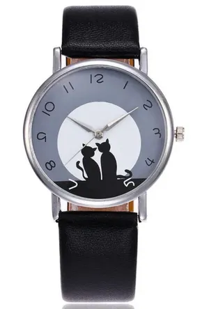 Stainless Steel Black Leather Cat Kitten Big‎ Head Adjustable Watch NEW thumbnail 1
