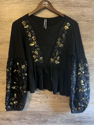 Anthropologie Black & Gold Sequined Peplum Peasant Top Balloon Sleeves M Party thumbnail 1
