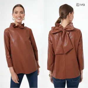 Tuckernuck Brown Coated Ruffle Neck Bow Back Blouse 3/4 Sleeve S thumbnail 2