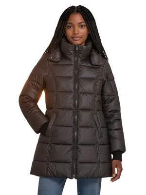 Noize Black Hooded Puffer Jacket Vegan Leather Trim Womens Medium Belt Missing thumbnail 2