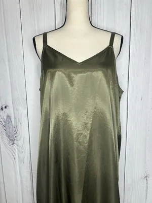 Vince Camuto Olive Green Satin Slip Maxi Dress Sz L V-Neck Strappy Sleeveless thumbnail 2