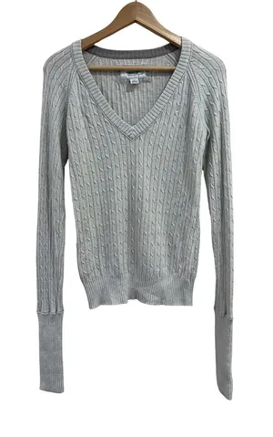 American Eagle Womens Cable Knit V-Neck Sweater Gray Cotton Angora Blend Large thumbnail 1