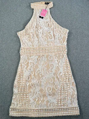 PrettyLittleThing Women's 6 White Lace High Neck Crochet Bodycon Dress New thumbnail 1