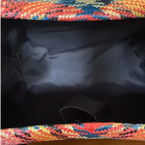 Le‎ Sac Woven Straw Top Handle Handbag Colorful Woven Design Black Accents Gold thumbnail 3