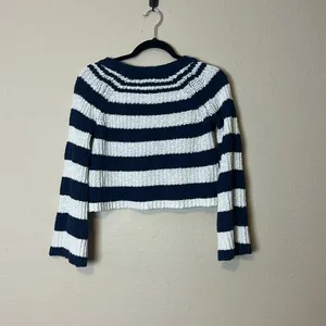 Anthropologie Pilcro Sweater Women's Navy Ivory Stripes‎ Cotton Knit Bell-Sleeve Size XS thumbnail 8