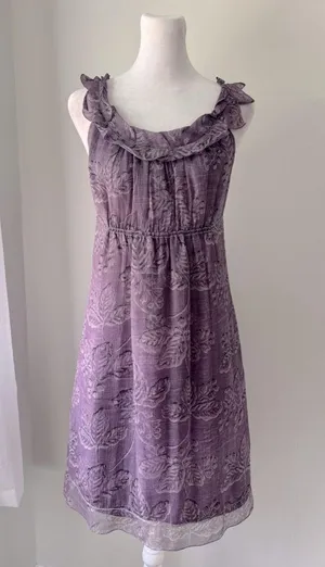 Vintage ‘90s Max Studio 100% Silk Purple Leaf Print Ruffled Sleeveless Dress thumbnail 4