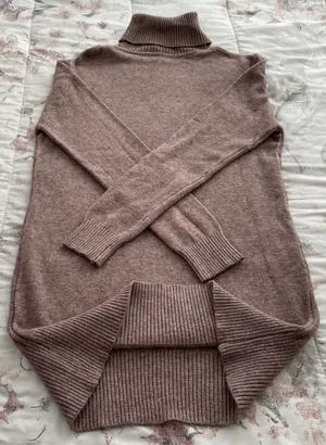 Wool Blend Brown Cable Knit Turtleneck Sweater Dress with Pockets, size M thumbnail 1