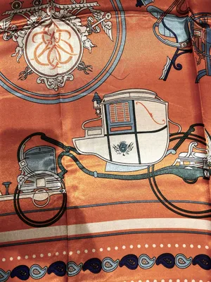 Vintage Equestrian HORSE&CARRIAGE print orange/blue oversized silky Scarf 35/35 thumbnail 3