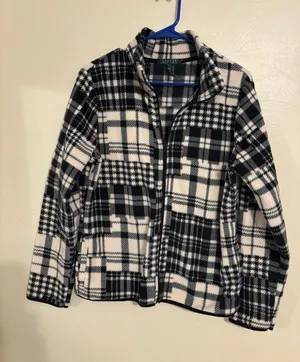 Lauren Ralph Lauren Black White Plaid Fleece Jacket Full Zip Size L thumbnail 1