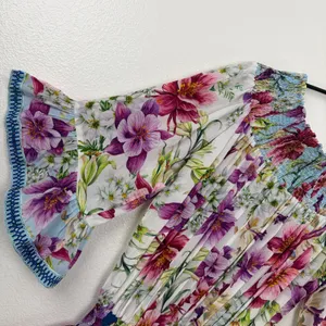 TAJ by Sabrina Crippa Dress Womens Size M Blue Floral Smocked Ruffle Mini Dress thumbnail 3