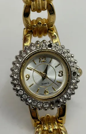 Womens Gold Tone Quartz Watch Rhinestone Bezel Base‎ Metal Japan Movement thumbnail 1