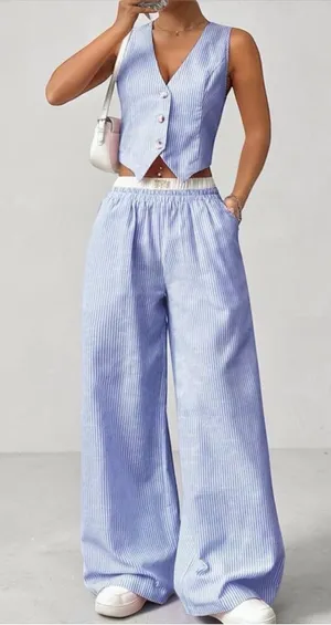 Sz L Private Label Blue Striped Vest and Pants Set New thumbnail 1