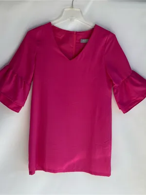 Hot pink mini dress dramatic ruffle long sleeve v-neck party wedding guest L thumbnail 3