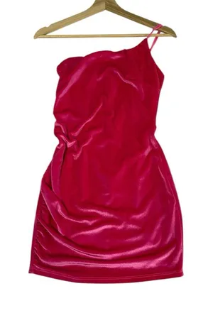 Lucy In The Sky Hot Pink Velvet Mini Dress Womens Small One Shoulder Barbiecore thumbnail 1