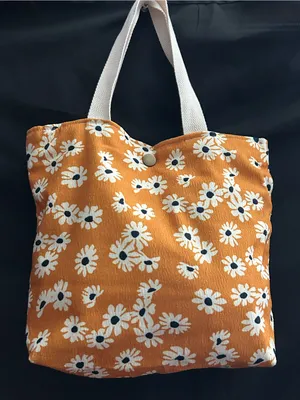 Daisy Print Orange Floral Canvas Tote Bag with White Handles thumbnail 1