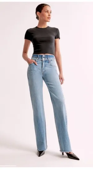 Light Blue Jeans High Rise 90s Relaxed Jean Abercrombie Double Waistband spring thumbnail 1
