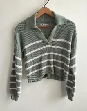 Hollister Sage Green White Striped Ribbed Polo Sweater V-Neck Cropped Small thumbnail 1