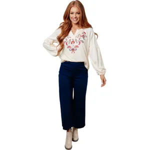Women’s Boho Embroidered Popover Split Neck Cream Long Sleeve Top thumbnail 2